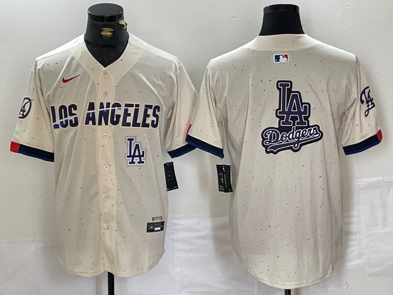 Men's Los Angeles Dodgers Team Big Logo Cream Stitched Baseball Jersey 002