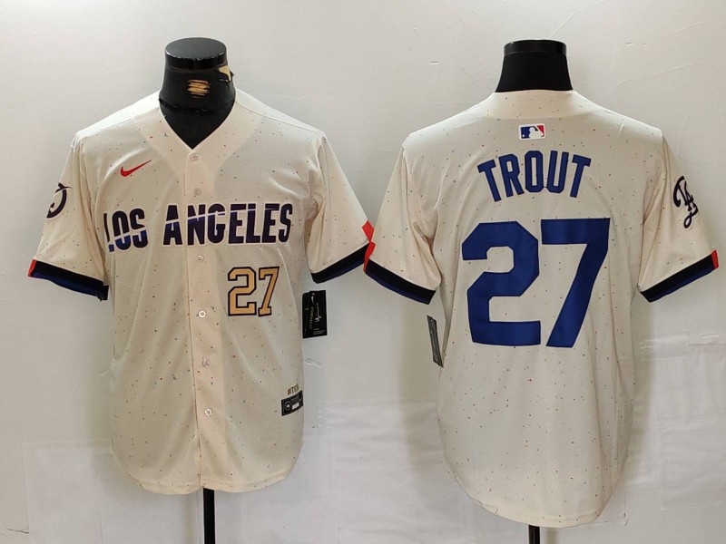 Men's Los Angeles Dodgers #27 Mike Trout Cream 2024 City Connect Limited Stitched Baseball Jersey 5