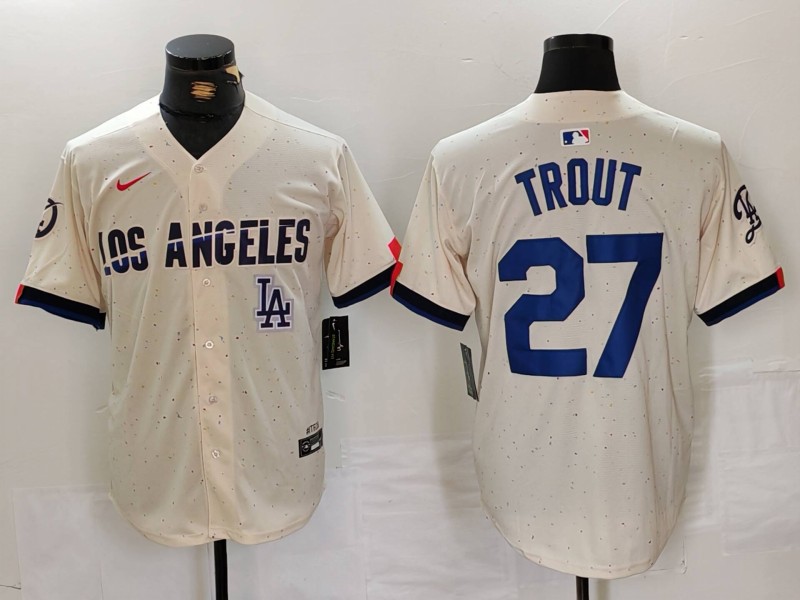 Men's Los Angeles Dodgers #27 Mike Trout Cream 2024 City Connect Limited Stitched Baseball Jersey 4