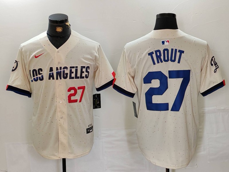 Men's Los Angeles Dodgers #27 Mike Trout Cream 2024 City Connect Limited Stitched Baseball Jersey 2