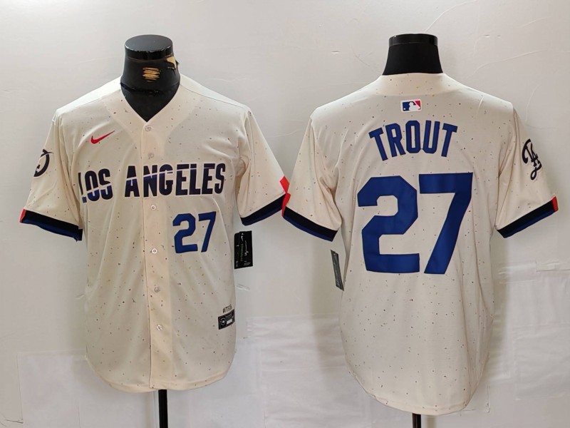 Men's Los Angeles Dodgers #27 Mike Trout Cream 2024 City Connect Limited Stitched Baseball Jersey 1