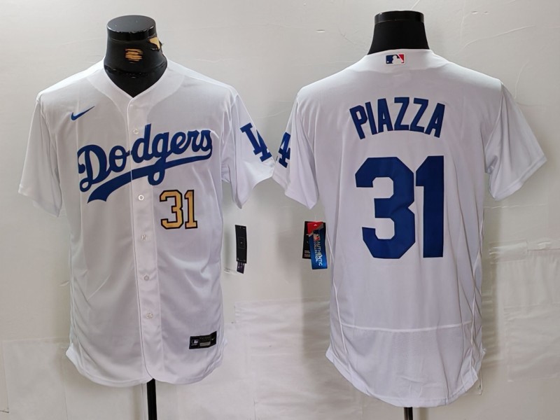 Men's Los Angeles Dodgers #31 Mike Piazza White Flex Base Stitched Baseball Jersey 3