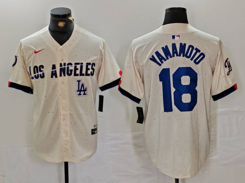Men's Los Angeles Dodgers #18 Yoshinobu Yamamoto Cream Stitched Baseball Jersey 4