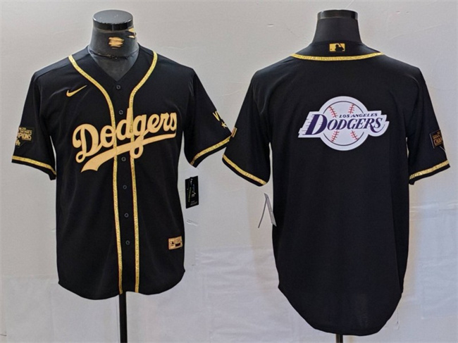 Men's Los Angeles Dodgers Team Big Logo Black Gold World Series Champions Cool Base Stitched Baseball Jersey 1