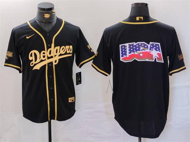 Men's Los Angeles Dodgers Team Big Logo Black Gold Cool Base With Patch Stitched Baseball Jersey 1