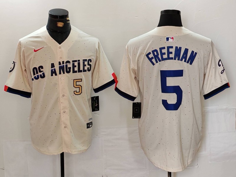 Men's Los Angeles Dodgers #5 Freddie Freeman Cream Stitched Baseball Jersey 1