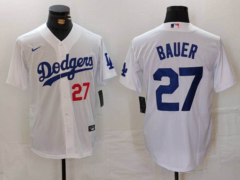 Men's Los Angeles Dodgers #27 Trevor Bauer White Stitched Baseball Jersey 4