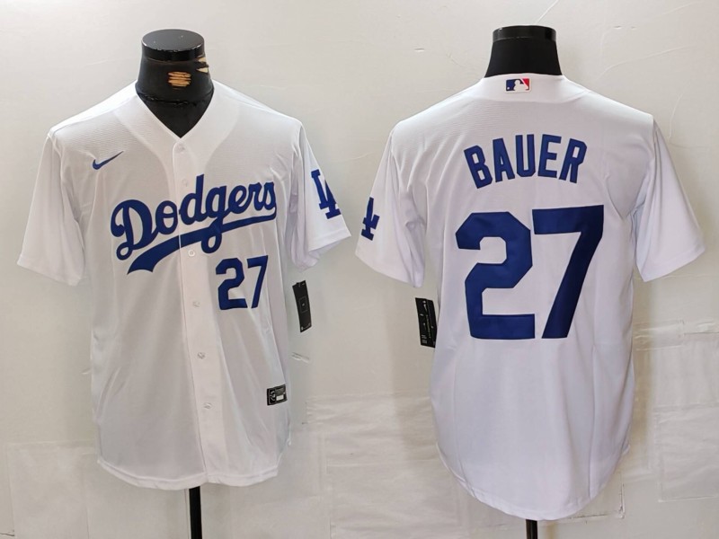 Men's Los Angeles Dodgers #27 Trevor Bauer White Stitched Baseball Jersey 3