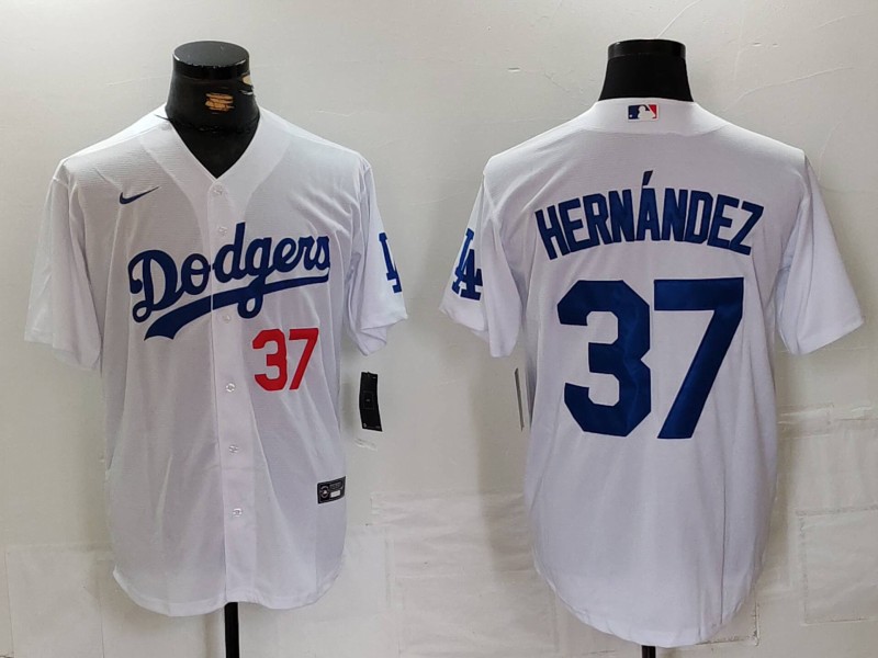 Men's Los Angeles Dodgers #37 Teoscar Hernández White Cool Base Stitched Baseball Jersey 3