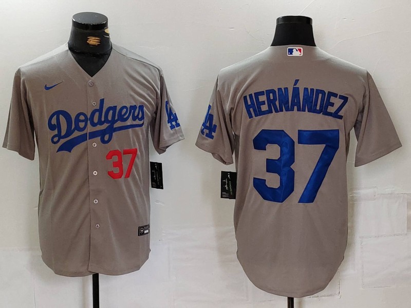 Men's Los Angeles Dodgers #37 Teoscar Hernández Grey Cool Base Stitched Baseball Jersey 4