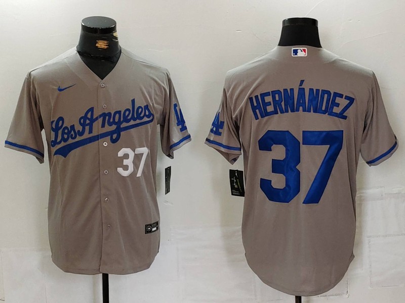 Men's Los Angeles Dodgers #37 Teoscar Hernández Grey Cool Base Stitched Baseball Jersey 2