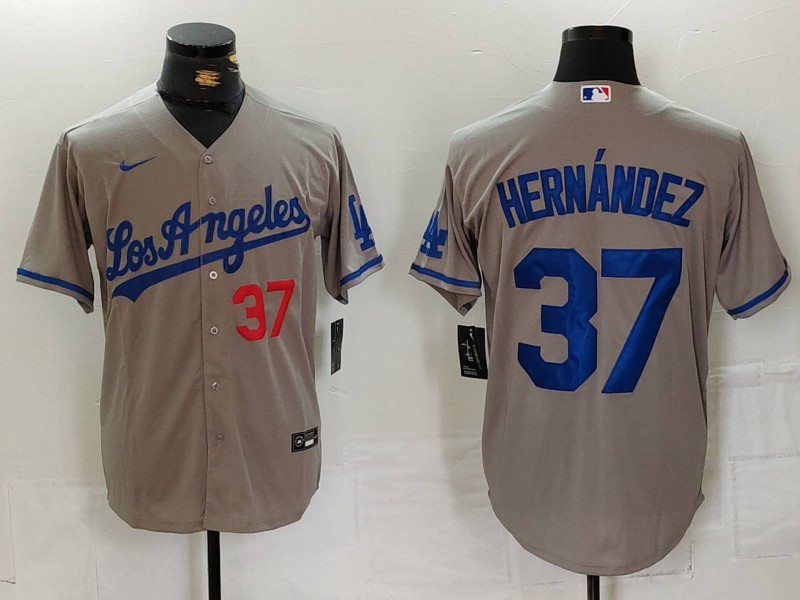 Men's Los Angeles Dodgers #37 Teoscar Hernández Grey Cool Base Stitched Baseball Jersey 1