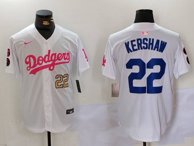 Men's Los Angeles Dodgers #22 Clayton Kershaw White Pink Vin & Kobe Patch Stitched Baseball Jersey 8