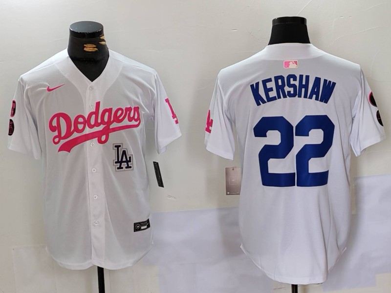 Men's Los Angeles Dodgers #22 Clayton Kershaw White Pink Vin & Kobe Patch Stitched Baseball Jersey 5