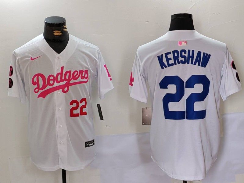 Men's Los Angeles Dodgers #22 Clayton Kershaw White Pink Vin & Kobe Patch Stitched Baseball Jersey 2