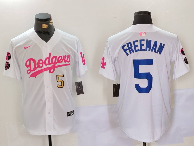 Men's Los Angeles Dodgers #5 Freddie Freeman White Pink Vin & Kobe Patch Stitched Baseball Jersey 8