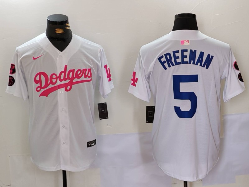 Men's Los Angeles Dodgers #5 Freddie Freeman White Pink Vin & Kobe Patch Stitched Baseball Jersey 6