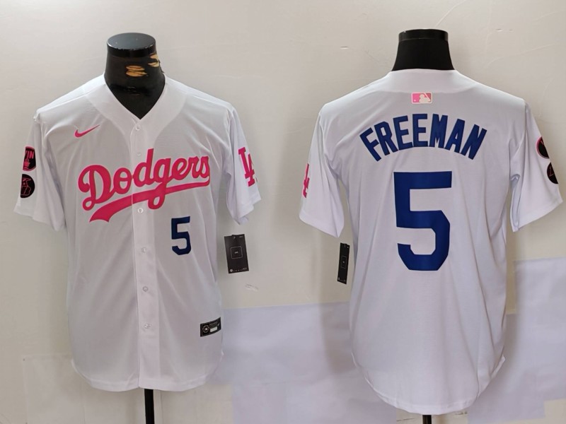 Men's Los Angeles Dodgers #5 Freddie Freeman White Pink Vin & Kobe Patch Stitched Baseball Jersey 2