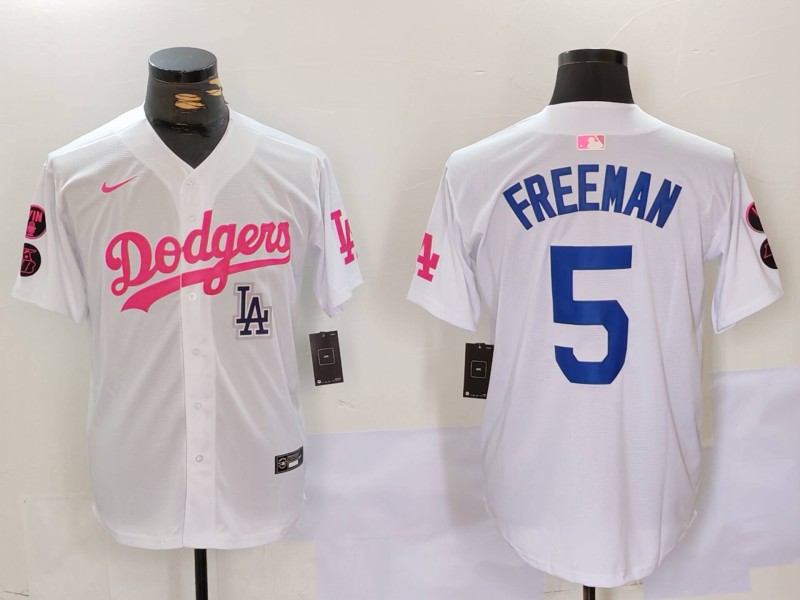 Men's Los Angeles Dodgers #5 Freddie Freeman White Pink Vin & Kobe Patch Stitched Baseball Jersey 1