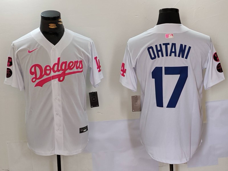 Men's Los Angeles Dodgers #17 Shohei Ohtani White Pink Vin & Kobe Patch Stitched Baseball Jersey 8