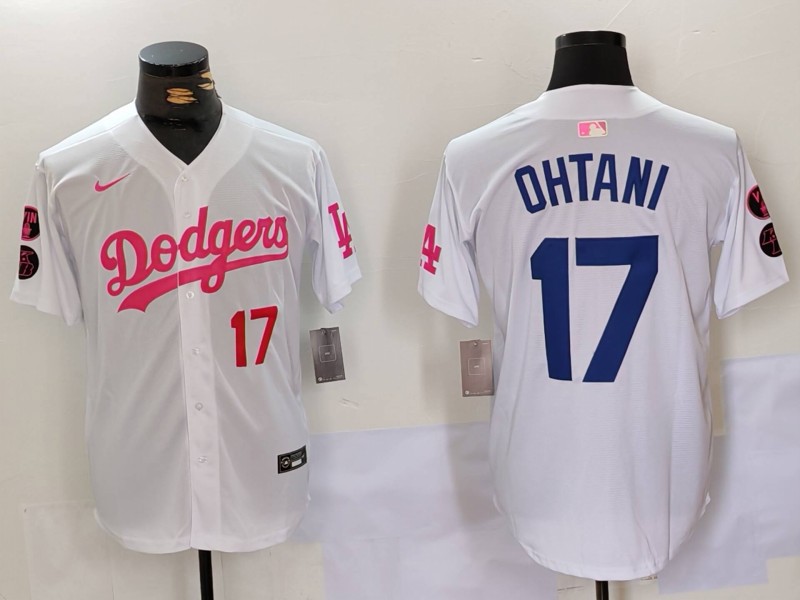 Men's Los Angeles Dodgers #17 Shohei Ohtani White Pink Vin & Kobe Patch Stitched Baseball Jersey 5