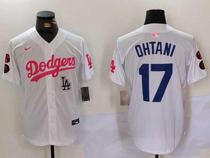 Men's Los Angeles Dodgers #17 Shohei Ohtani White Pink Vin & Kobe Patch Stitched Baseball Jersey 3