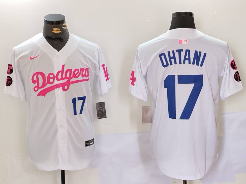 Men's Los Angeles Dodgers #17 Shohei Ohtani White Pink Vin & Kobe Patch Stitched Baseball Jersey 2