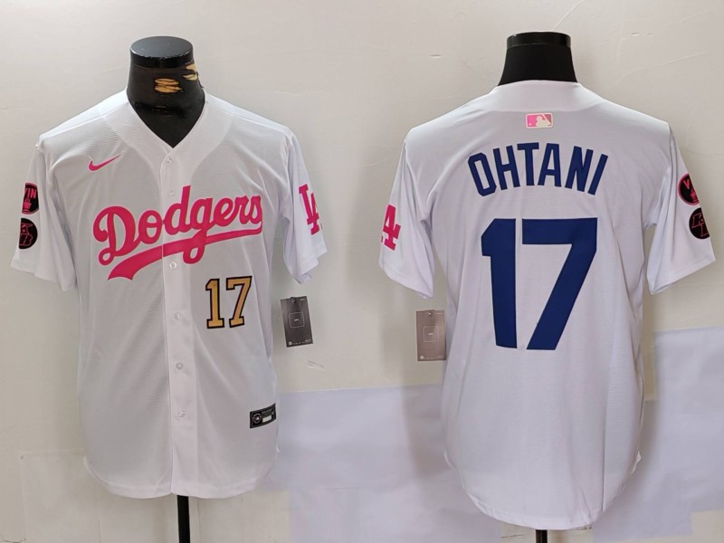 Men's Los Angeles Dodgers #17 Shohei Ohtani White Pink Vin & Kobe Patch Stitched Baseball Jersey 1