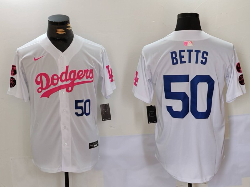 Men's Los Angeles Dodgers #50 Mookie Betts White Pink Vin & Kobe Patch Stitched Baseball Jersey 8