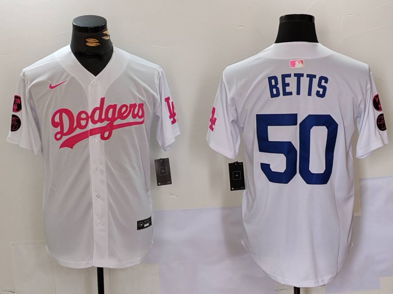 Men's Los Angeles Dodgers #50 Mookie Betts White Pink Vin & Kobe Patch Stitched Baseball Jersey 5