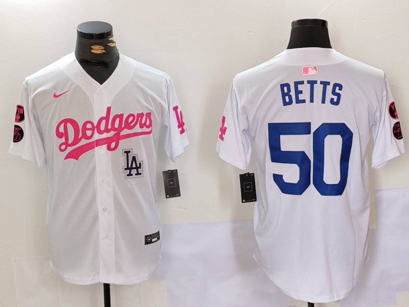 Men's Los Angeles Dodgers #50 Mookie Betts White Pink Vin & Kobe Patch Stitched Baseball Jersey 3