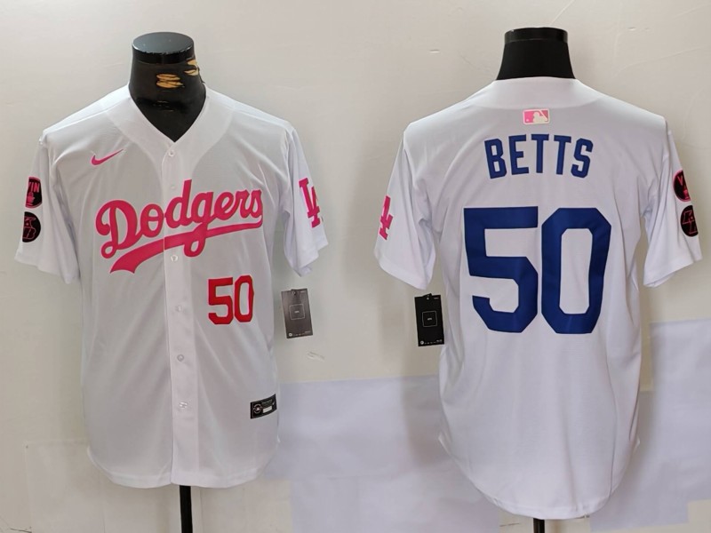 Men's Los Angeles Dodgers #50 Mookie Betts White Pink Vin & Kobe Patch Stitched Baseball Jersey 1