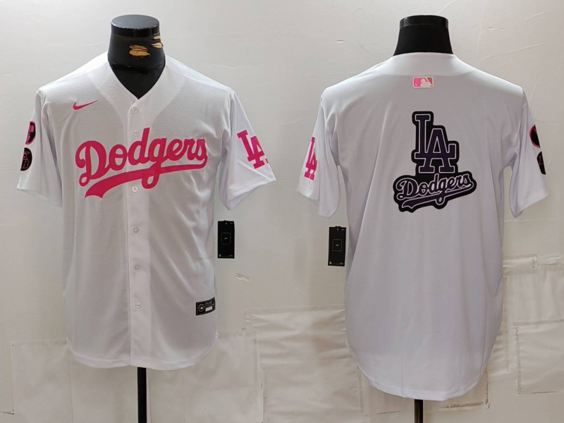 Men's Los Angeles Dodgers Team Big Logo White Pink Vin & Kobe Patch Stitched Baseball Jersey 002