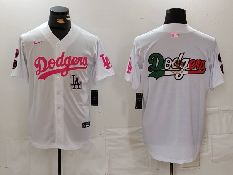 Men's Los Angeles Dodgers Team Big Logo White Pink Vin & Kobe Patch Stitched Baseball Jersey 001