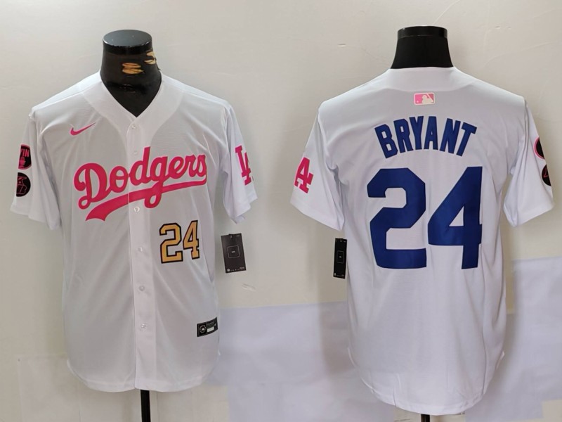 Men's Los Angeles Dodgers #24 Kobe Bryant White Pink Vin & Kobe Patch Stitched Baseball Jersey 6