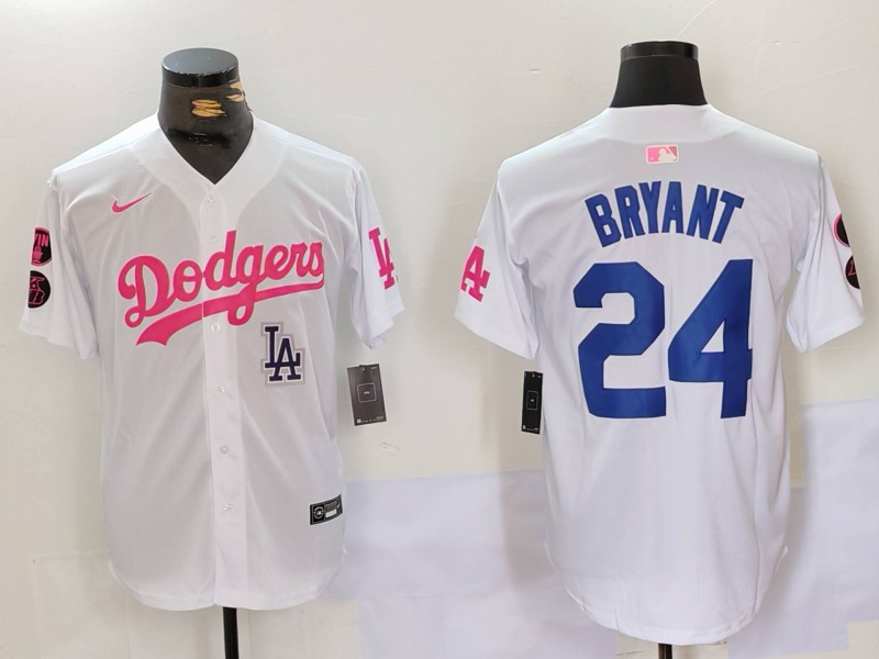 Men's Los Angeles Dodgers #24 Kobe Bryant White Pink Vin & Kobe Patch Stitched Baseball Jersey 5