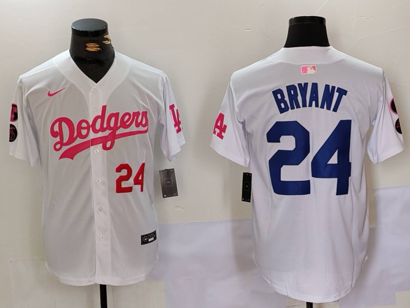 Men's Los Angeles Dodgers #24 Kobe Bryant White Pink Vin & Kobe Patch Stitched Baseball Jersey 3