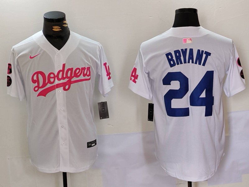 Men's Los Angeles Dodgers #24 Kobe Bryant White Pink Vin & Kobe Patch Stitched Baseball Jersey 2