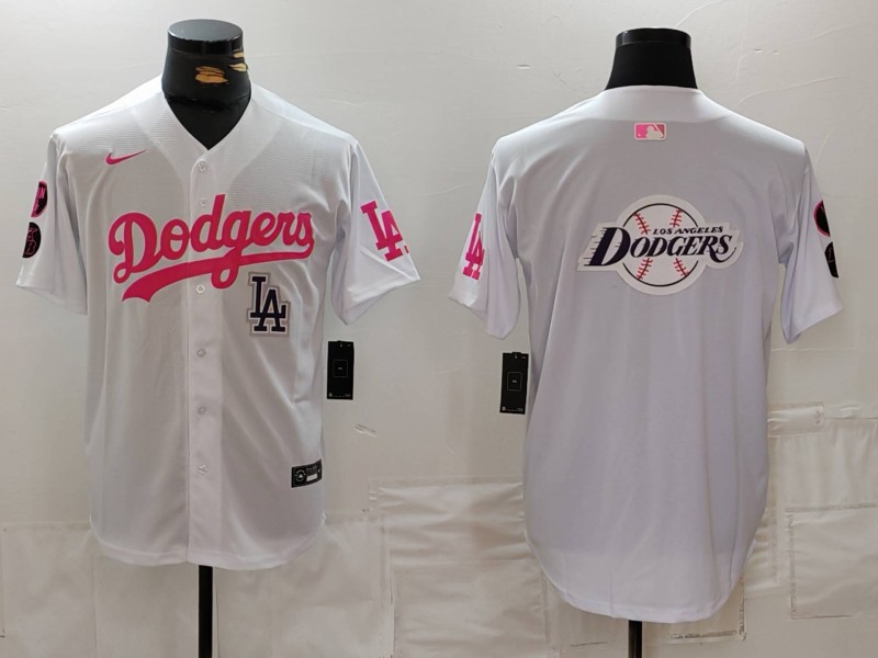Men's Los Angeles Dodgers Team Big Logo White Pink Vin & Kobe Patch Stitched Baseball JerseyS 9