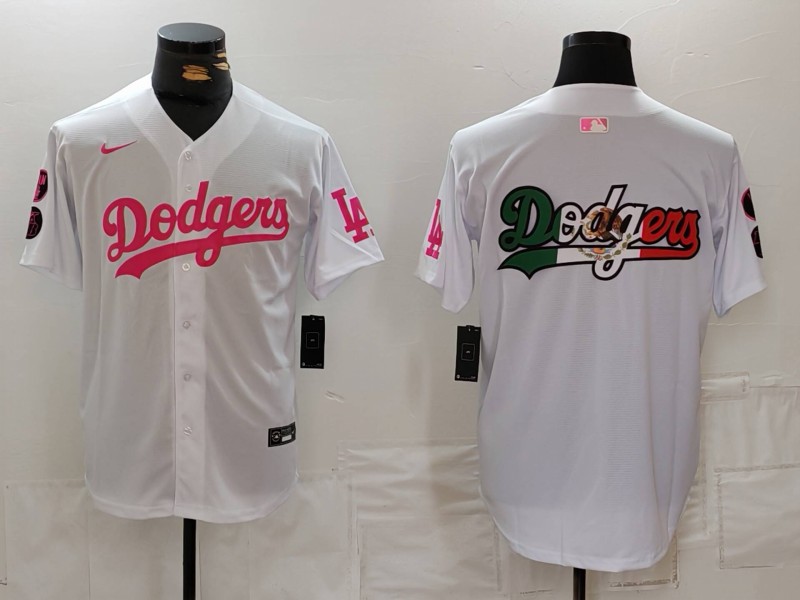 Men's Los Angeles Dodgers Team Big Logo White Pink Vin & Kobe Patch Stitched Baseball JerseyS 8