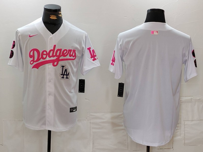 Men's Los Angeles Dodgers Team Big Logo White Pink Vin & Kobe Patch Stitched Baseball Jersey 9