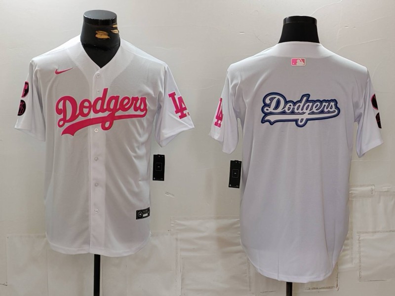 Men's Los Angeles Dodgers Team Big Logo White Pink Vin & Kobe Patch Stitched Baseball Jersey 7