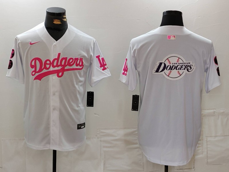 Men's Los Angeles Dodgers Team Big Logo White Pink Vin & Kobe Patch Stitched Baseball Jersey 6