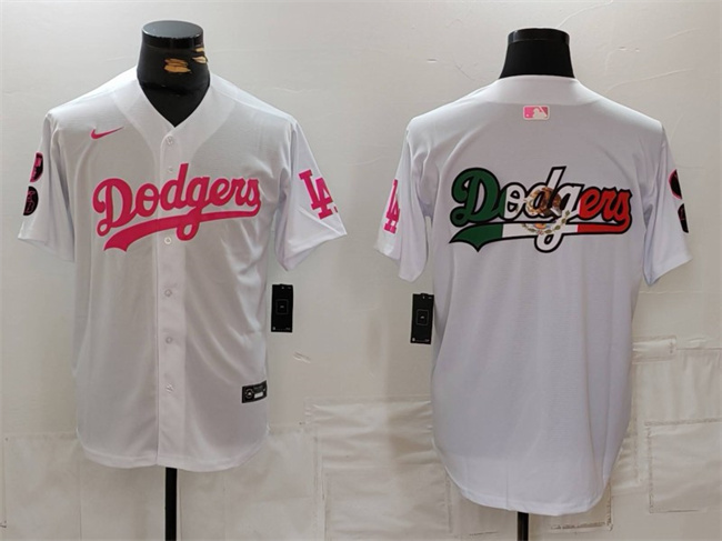 Men's Los Angeles Dodgers Team Big Logo White Pink Vin & Kobe Patch Stitched Baseball Jersey 2