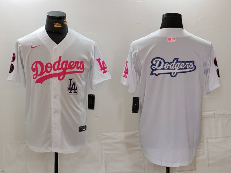 Men's Los Angeles Dodgers Team Big Logo White Pink Vin & Kobe Patch Stitched Baseball Jersey 0