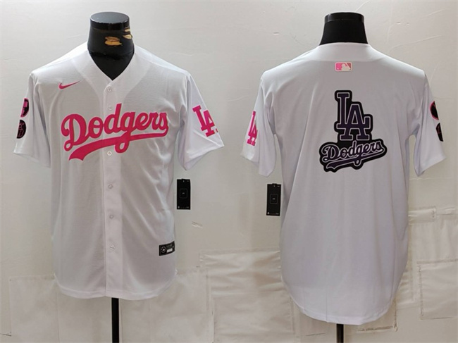 Men's Los Angeles Dodgers Team Big Logo White Pink Vin & Kobe Patch Stitched Baseball JerseyS