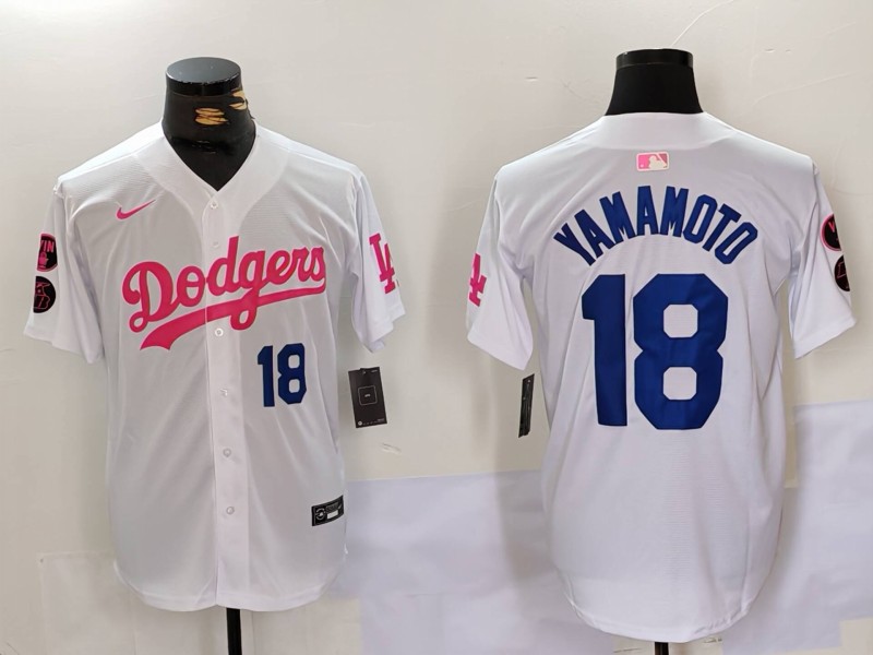 Men's Los Angeles Dodgers #18 Yoshinobu Yamamoto White Pink Vin & Kobe Patch Stitched Baseball Jersey 9