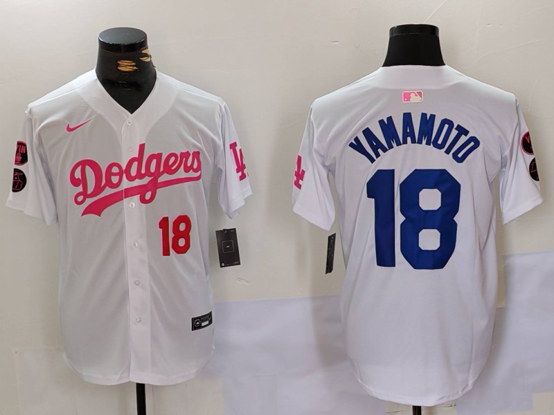 Men's Los Angeles Dodgers #18 Yoshinobu Yamamoto White Pink Vin & Kobe Patch Stitched Baseball Jersey 6