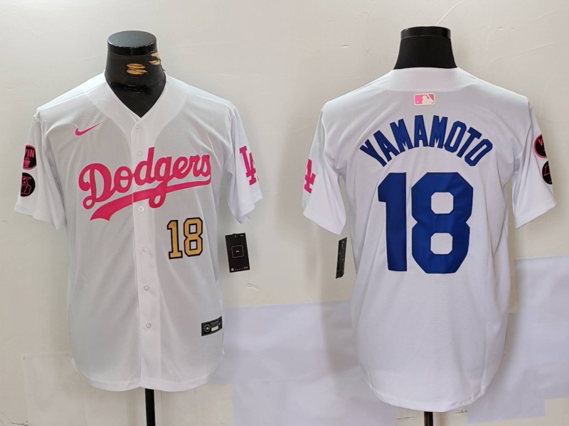 Men's Los Angeles Dodgers #18 Yoshinobu Yamamoto White Pink Vin & Kobe Patch Stitched Baseball Jersey 3