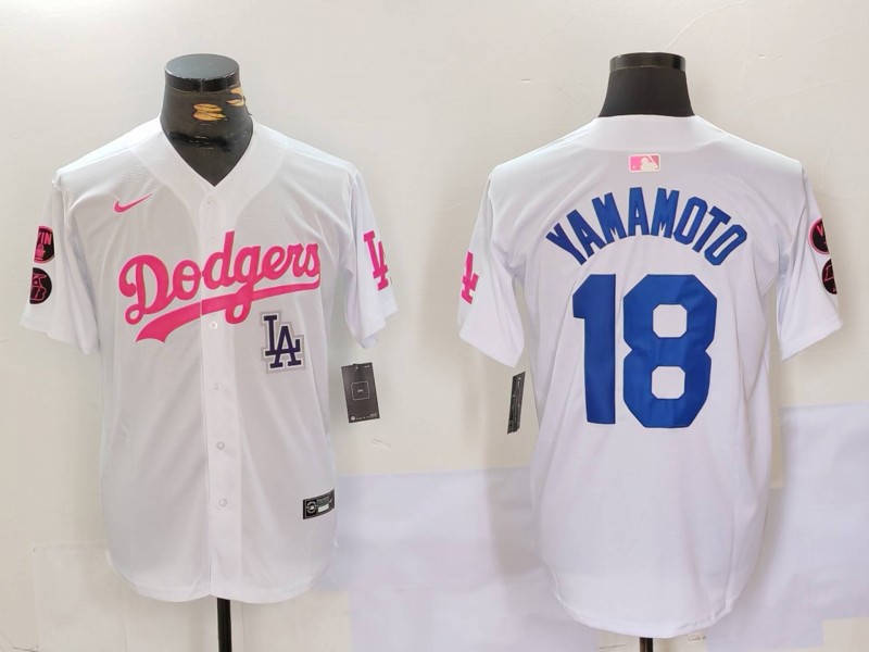 Men's Los Angeles Dodgers #18 Yoshinobu Yamamoto White Pink Vin & Kobe Patch Stitched Baseball Jersey 1